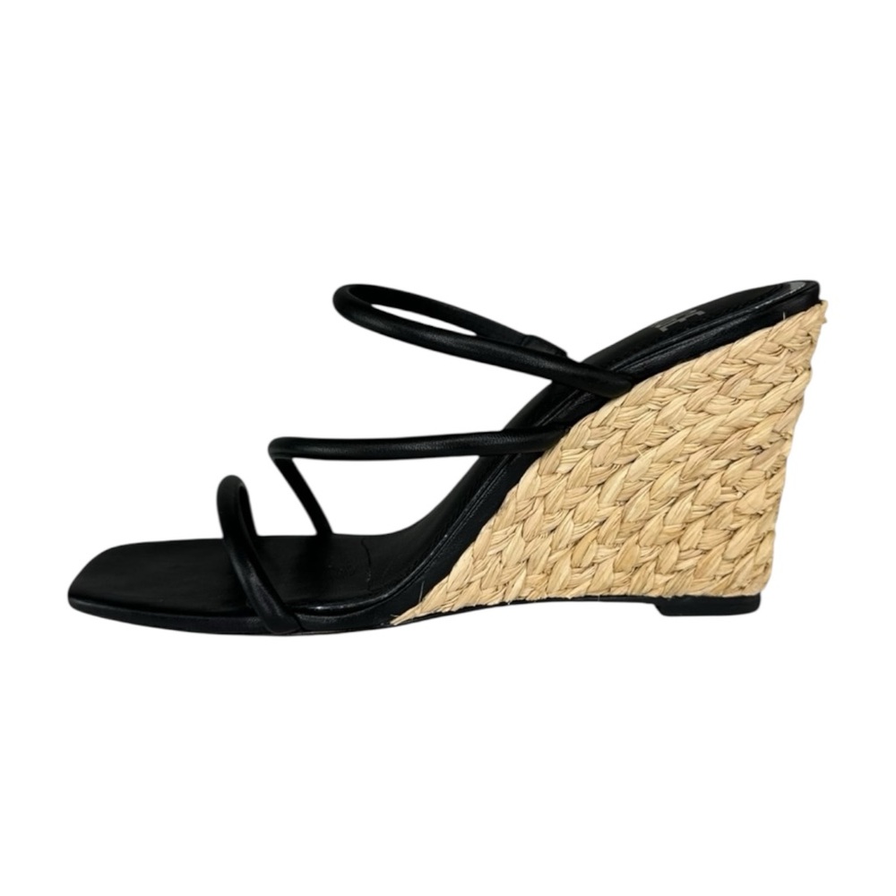 PAIGE Black Leather Stacey Three-Band Wedge Espadrilles Size 8